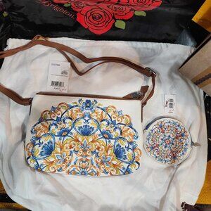 Brighton Piatto Embroidered leather shoulder pouch and coin purse